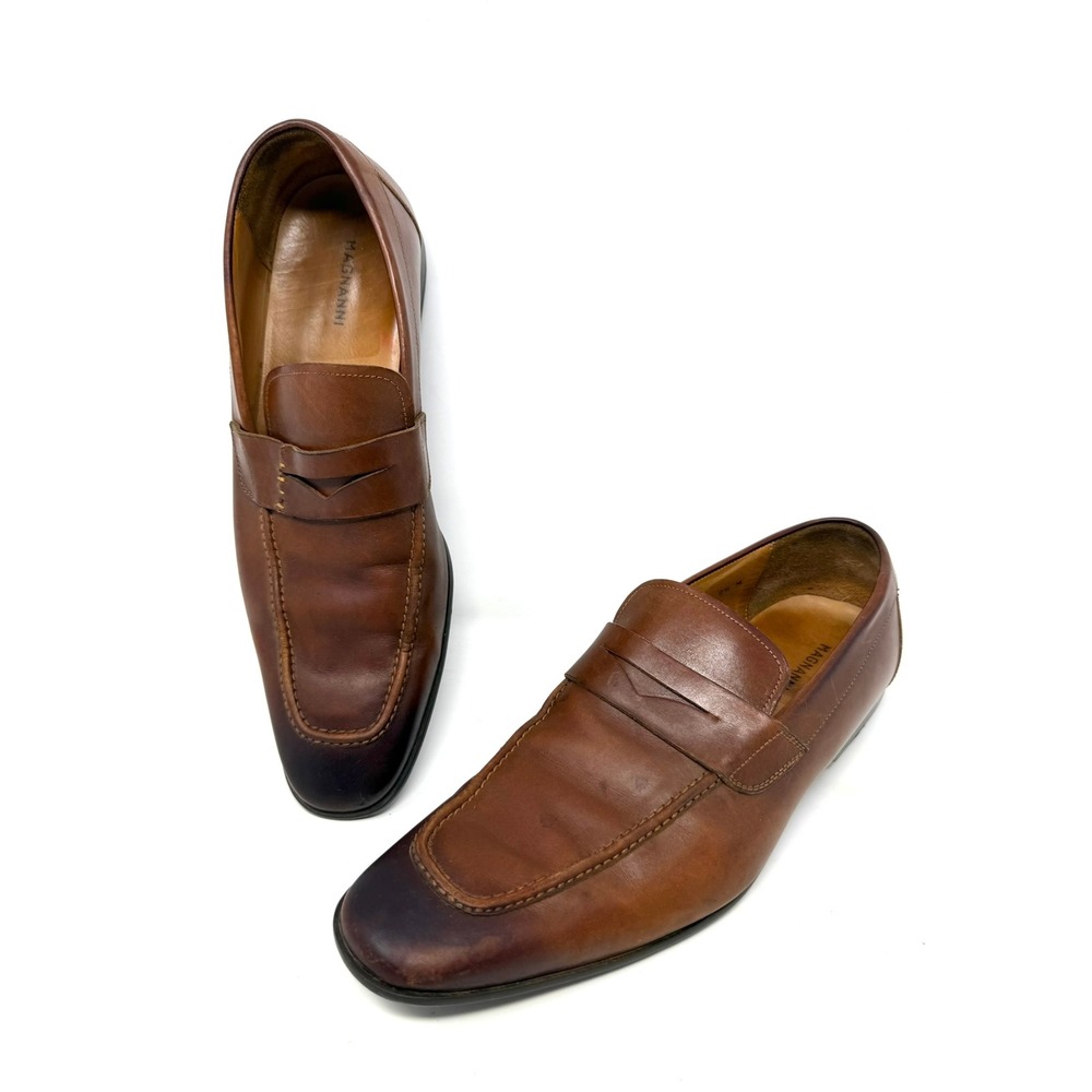 Magnanni‎ Mens Brown Leather Penny Loafers Burnished Toe Dress Shoes Size 9.5 M